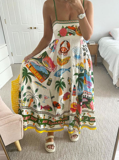 Paradise Graffiti Print Swing Sundress Beach Dress