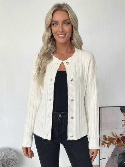 Heart Button Ribbed Knit Cardigan Round Neck Long Sleeve Top For Women 2026