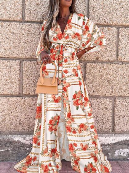 Geometric Kaftan Dress for Women - Boho Drawstring Waist High Slit Maxi Cover-up Dress - Summer Beach Resort Wear 2026