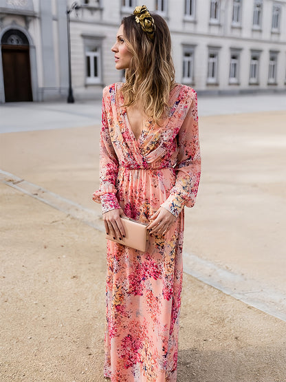 Floral Maxi Dress for Women - Pink Wrap V Neck Lantern Sleeve Long Dress - Spring Garden Wedding Guest 2026