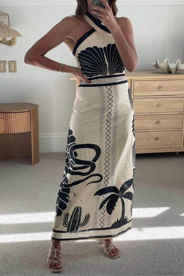 Elegant And Sexy Ethnic Print Slim-Fit Halter Neck Maxi Dress