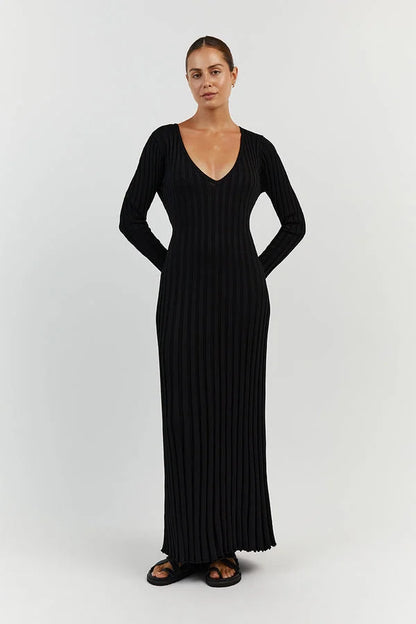 Rib Knit V-Neck Lettuce Edge Cuff Bodycon Maxi Dress