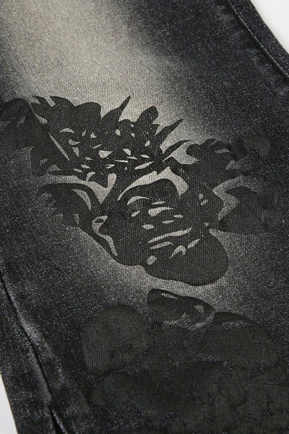 Vintage Plant Print Flared Jeans