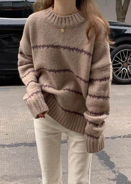 Oversized Cozy Knit Sweater - Long Sleeve Striped Casual Knitwear