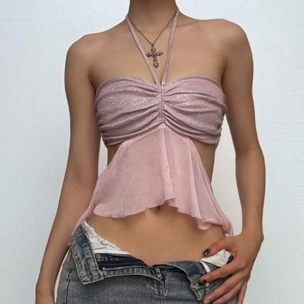 Halter drawstring ruched mesh glitter crop top