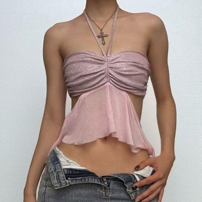 Halter drawstring ruched mesh glitter crop top