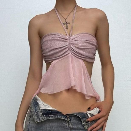 Halter drawstring ruched mesh glitter crop top