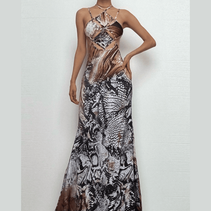 Hollow out snakeskin print halter self tie cut out maxi dress
