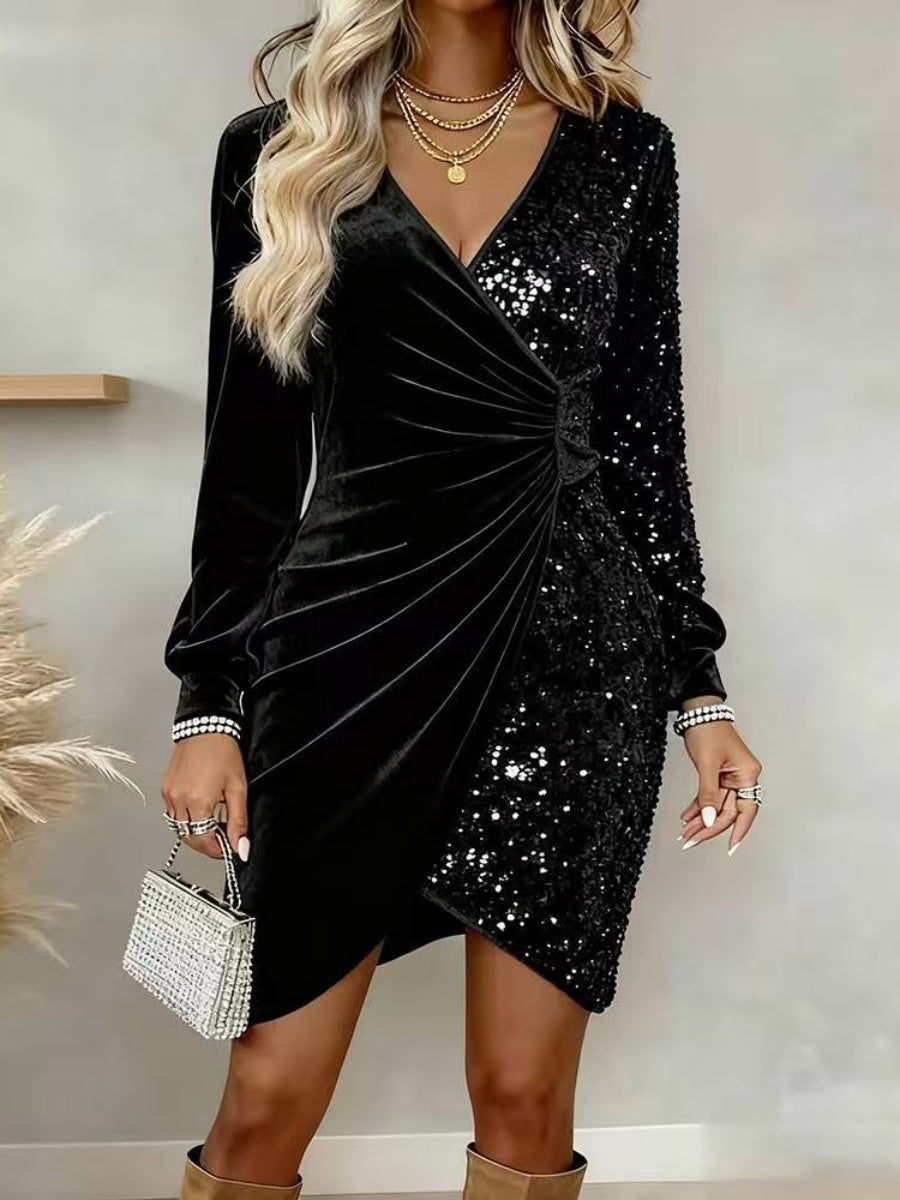 V-neck Sequin Velvet Splicing Slim Fit Mini&Short Dresses