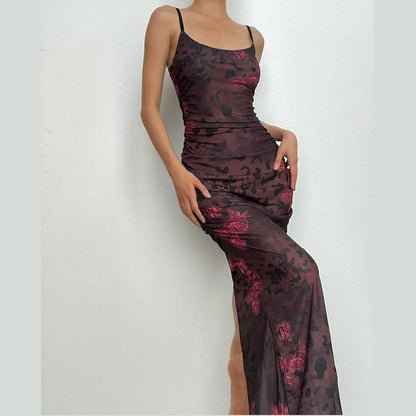 Mesh Overlay Ruched Side Slit Maxi Dress