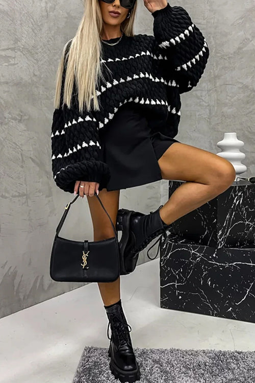 Lantern Sleeves Color Block Chunky Knit Sweater