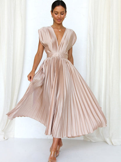 Solid Color V-neck Sleeveless Midi Dresses