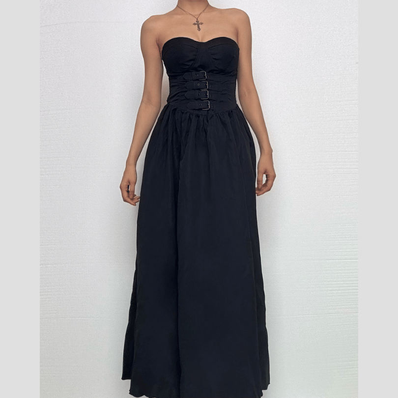 Buckle smocked sweetheart neck tube midi dress