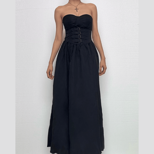 Buckle smocked sweetheart neck tube midi dress