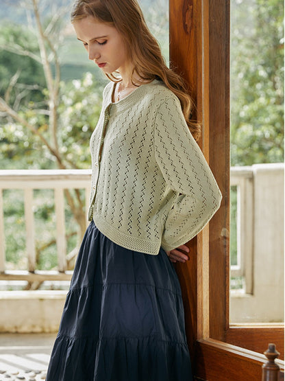Althea Hollow Classic Knit Cardigan-Green