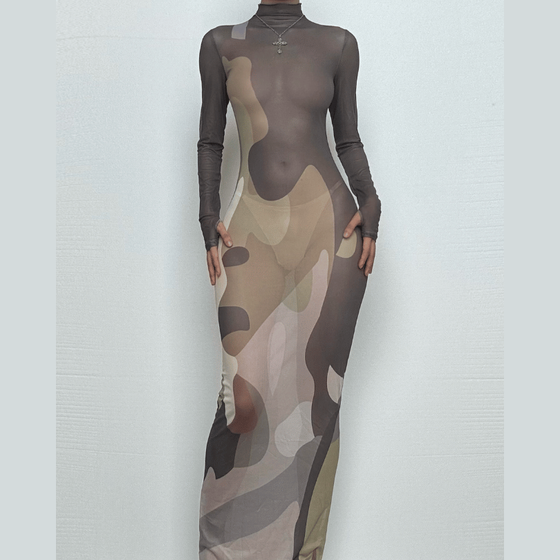 Long sleeve high neck print sheer mesh gloves maxi dress
