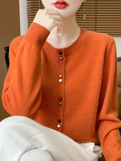 Mya Loose Crew Neck Solid Color Knitted Cardigan-Red