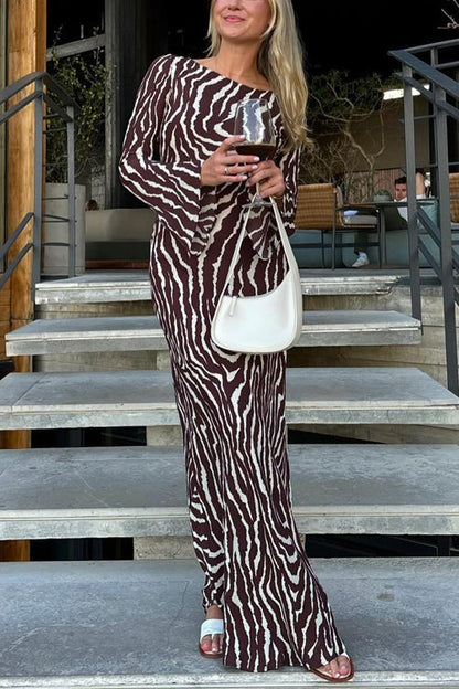Boat Neck Bell Sleeves Animal Print Maxi Dress