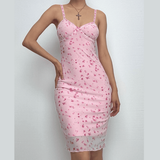 Bowknot mesh print ruffle v neck cami midi dress