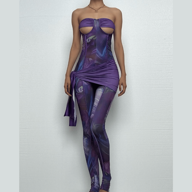 Sweetheart neck ruched irregular print zip-up jumpsuit