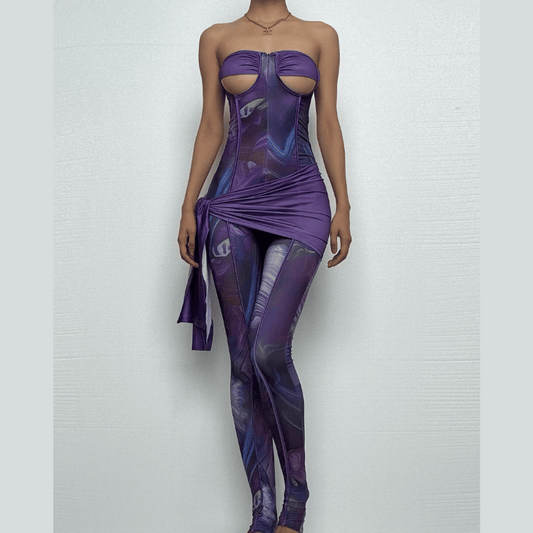 Sweetheart neck ruched irregular print zip-up jumpsuit