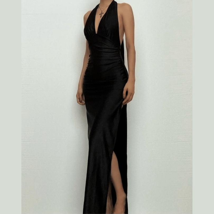 Halter deep v neck slit backless ruched maxi dress
