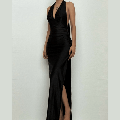 Halter deep v neck slit backless ruched maxi dress