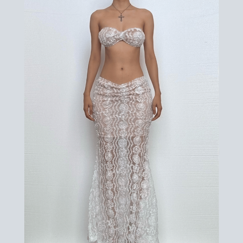 Sheer lace see through cami maxi skirt set