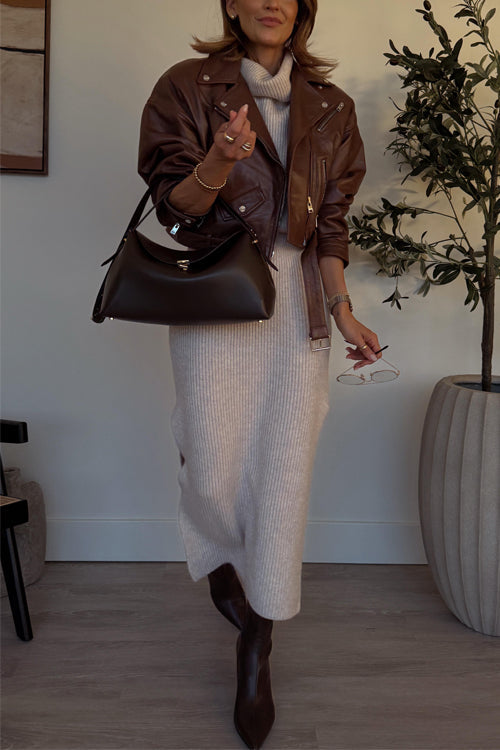 Vintage Lapel Zip Up Faux Leather Moto Jacket