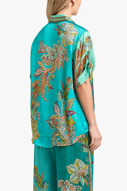 Meridress Roll Up Short Sleeves Shirt and Wide Leg Pants Printed Satin Set