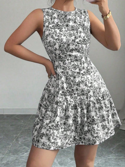 Bohemian Style French Elegance Floral Print Sleeveless Belted Short Dress