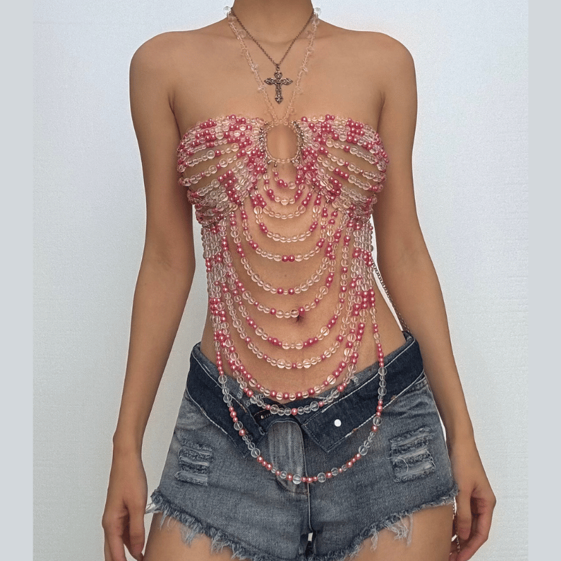 Halter hollow out beaded backless cut out top