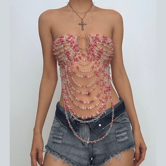 Halter hollow out beaded backless cut out top