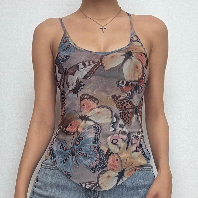 Butterfly print u neck backless cami top