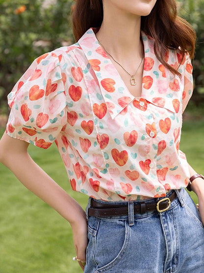 Camila Retro Polo Neck Puff Sleeve Floral Top