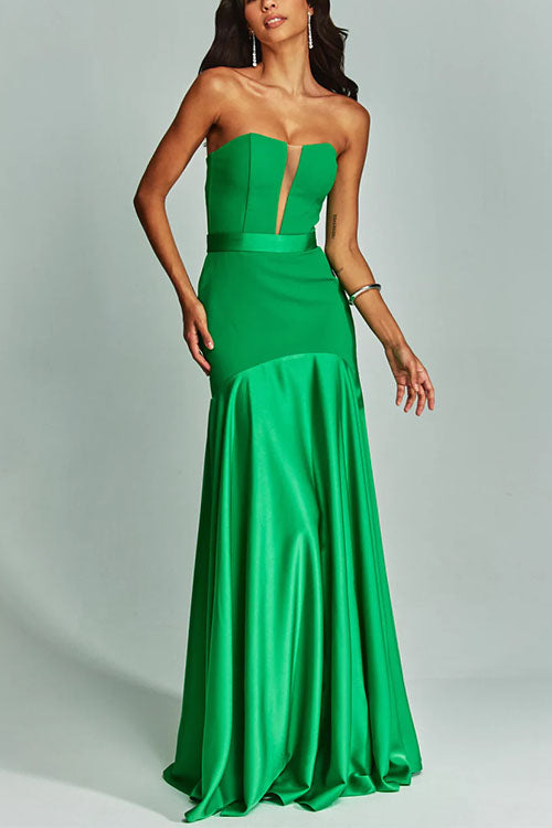 Mesh V Neck Strapless Splice Flare Maxi Party Dress