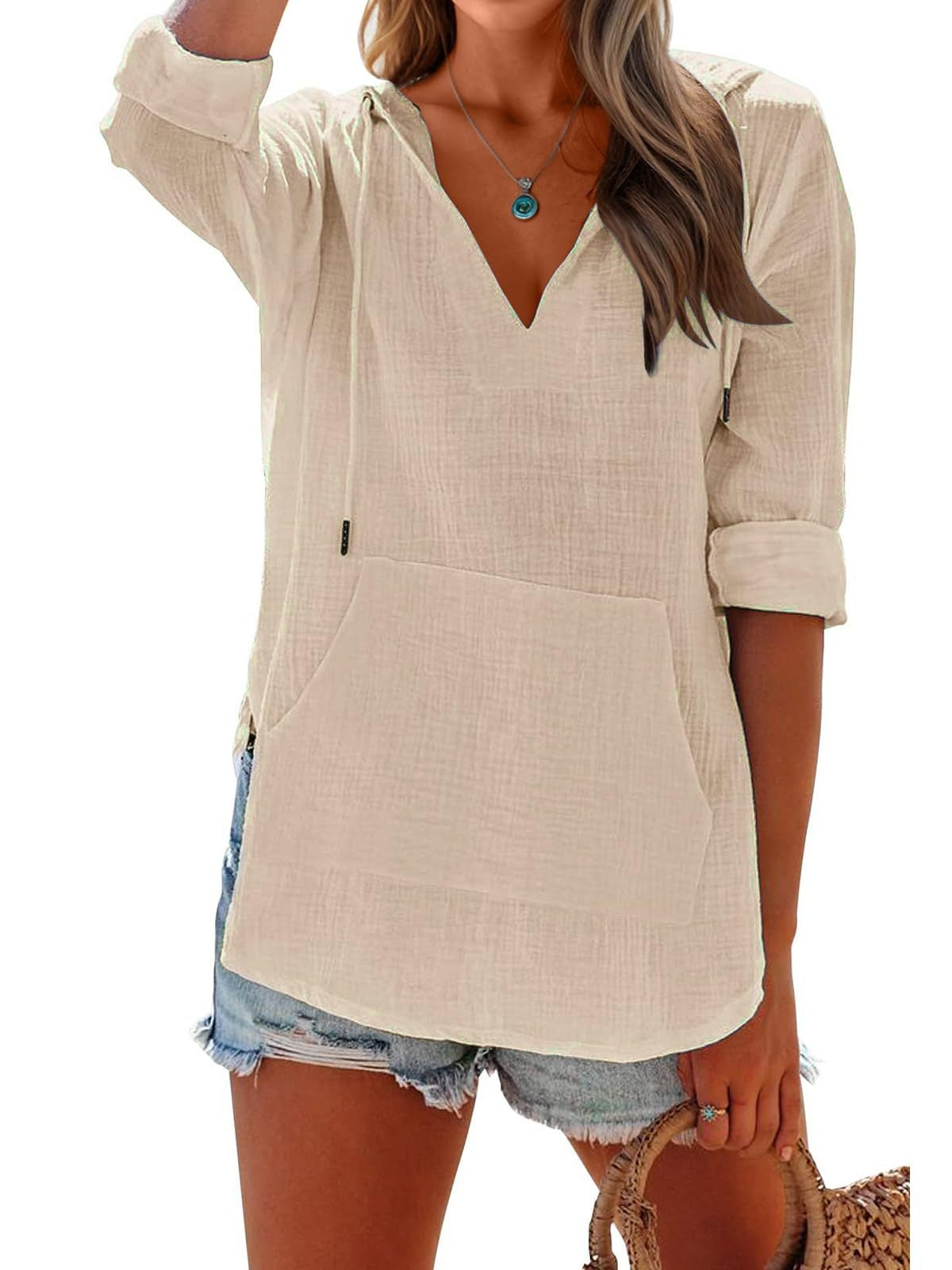 Long-sleeved V-neck Pocket Hoodie