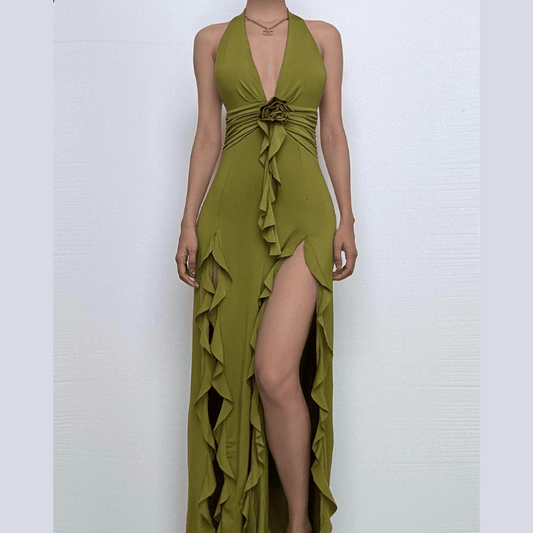 Halter v neck flower applique ruched high slit maxi dress