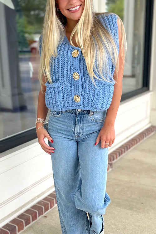 Gold Buttons Pocketed Chunky Sweater Vest