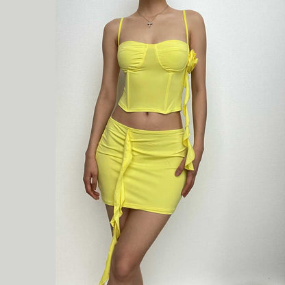 Flower applique solid ruffle ribbon cami mini skirt set-final-sale