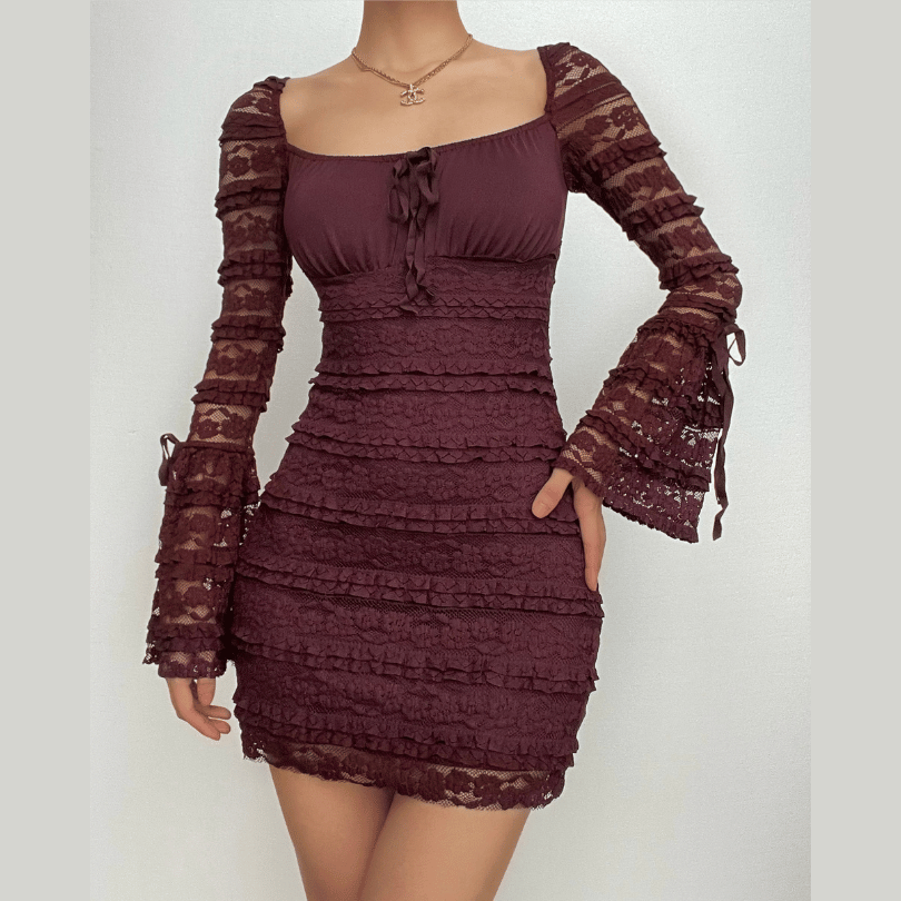 Square Neck Bow Tiered Floral Lace Bell Sleeve Ribbon Tie Bodycon Mini Dress