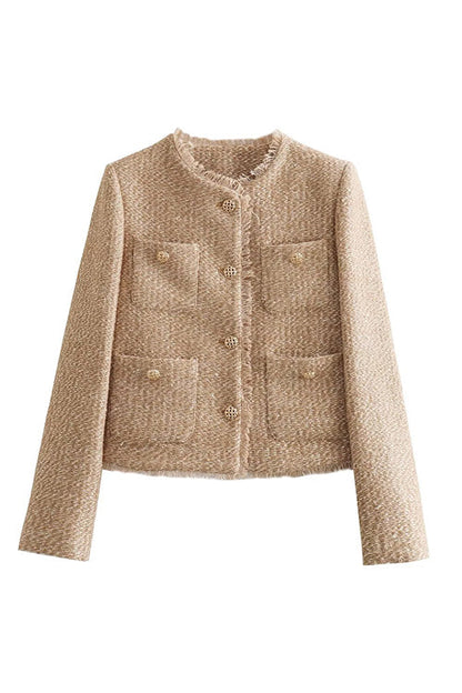 Button Up Frayed Hem Short Tweed Jacket
