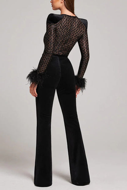 Feather Cuffs Bell Bottom Velvet Splice Jumpsuit