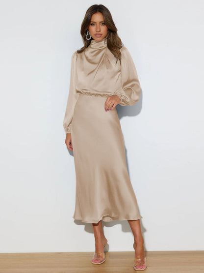 Satin Long Sleeve Loose Turtleneck Midi Dresses