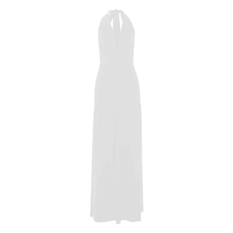 Halter deep v neck ruched backless maxi dress