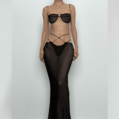 See through bowknot knotted hollow out cami maxi skirt set