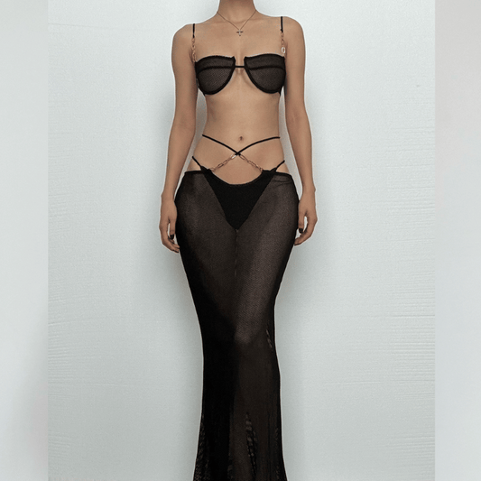 See through bowknot knotted hollow out cami maxi skirt set
