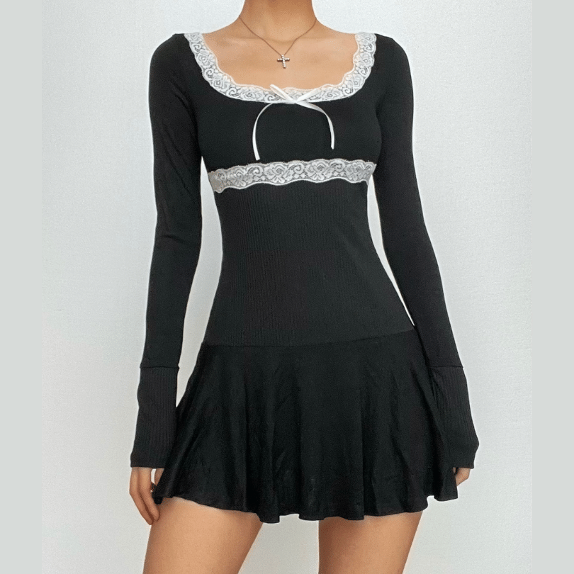 Lace Trim Scoop Neck Bow Empire Waist Ribbed Long Sleeve Flared Mini Dress