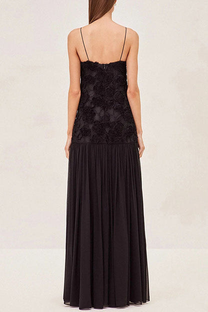 Meridress Spaghetti Strap Floral Applique Patchwork Maxi Dress