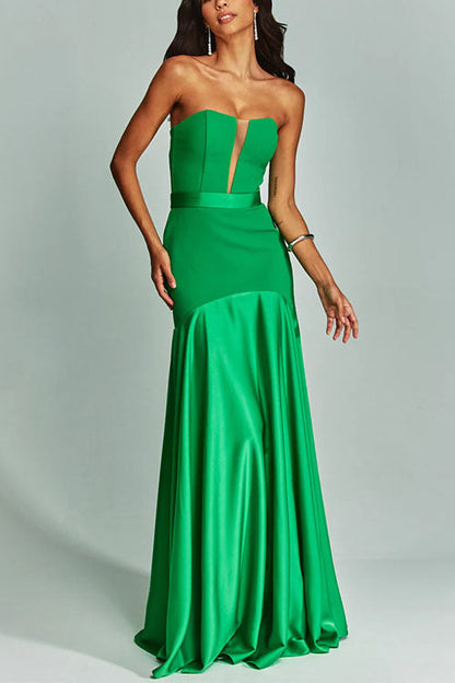 Mesh V Neck Strapless Splice Flare Maxi Party Dress